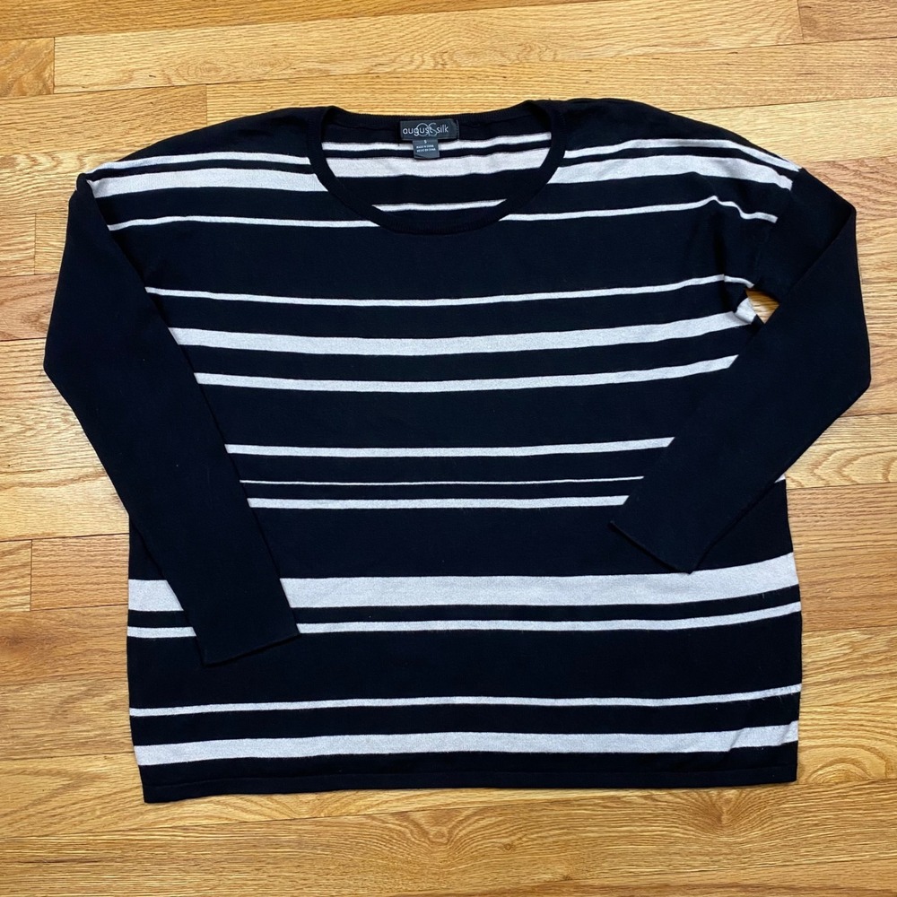 August Silk Striped Sweater Womens Small Black White Knit Nautical Minimalist